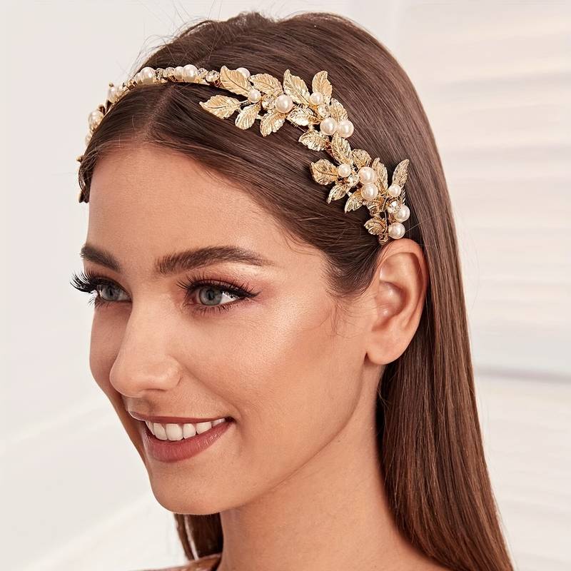 Faux Pearl Leaf Decor Headband Golden Baroque Hair Hoop